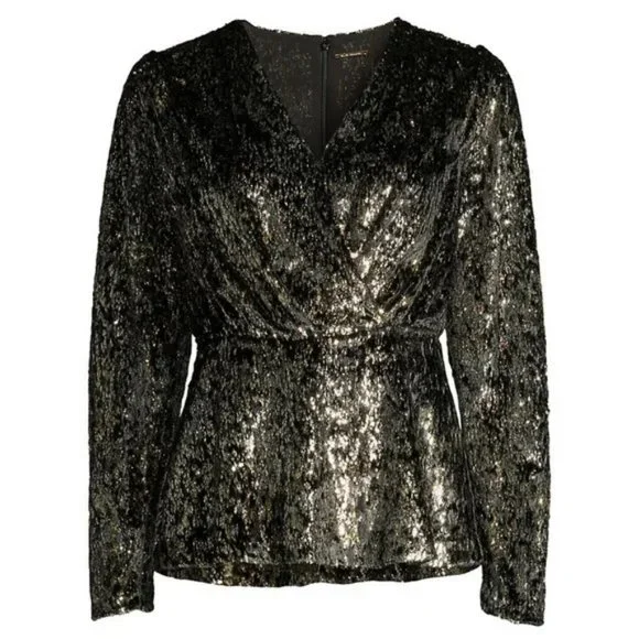 NWT Elie Tahari Black Gold V Faux Wrap Velvet Fuzzy Peplum Blouse Size 2 $365 a1 - Picture 2 of 12